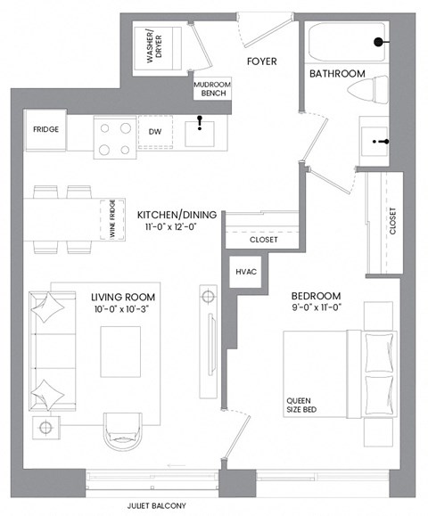 Floor plan for 1 bed, 1 bath, 589 sqft
